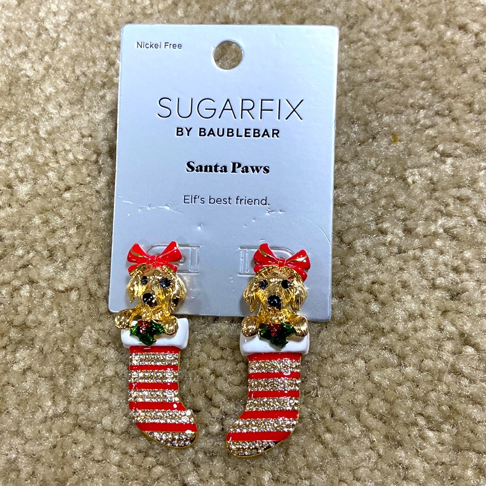 NEW BaubleBar Christmas puppy stocking gemstone winter 3D earrings Holiday dog